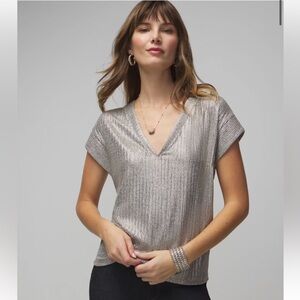 White House Black Market Short Sleeve Champagne Metallic Rib Power Tee XS